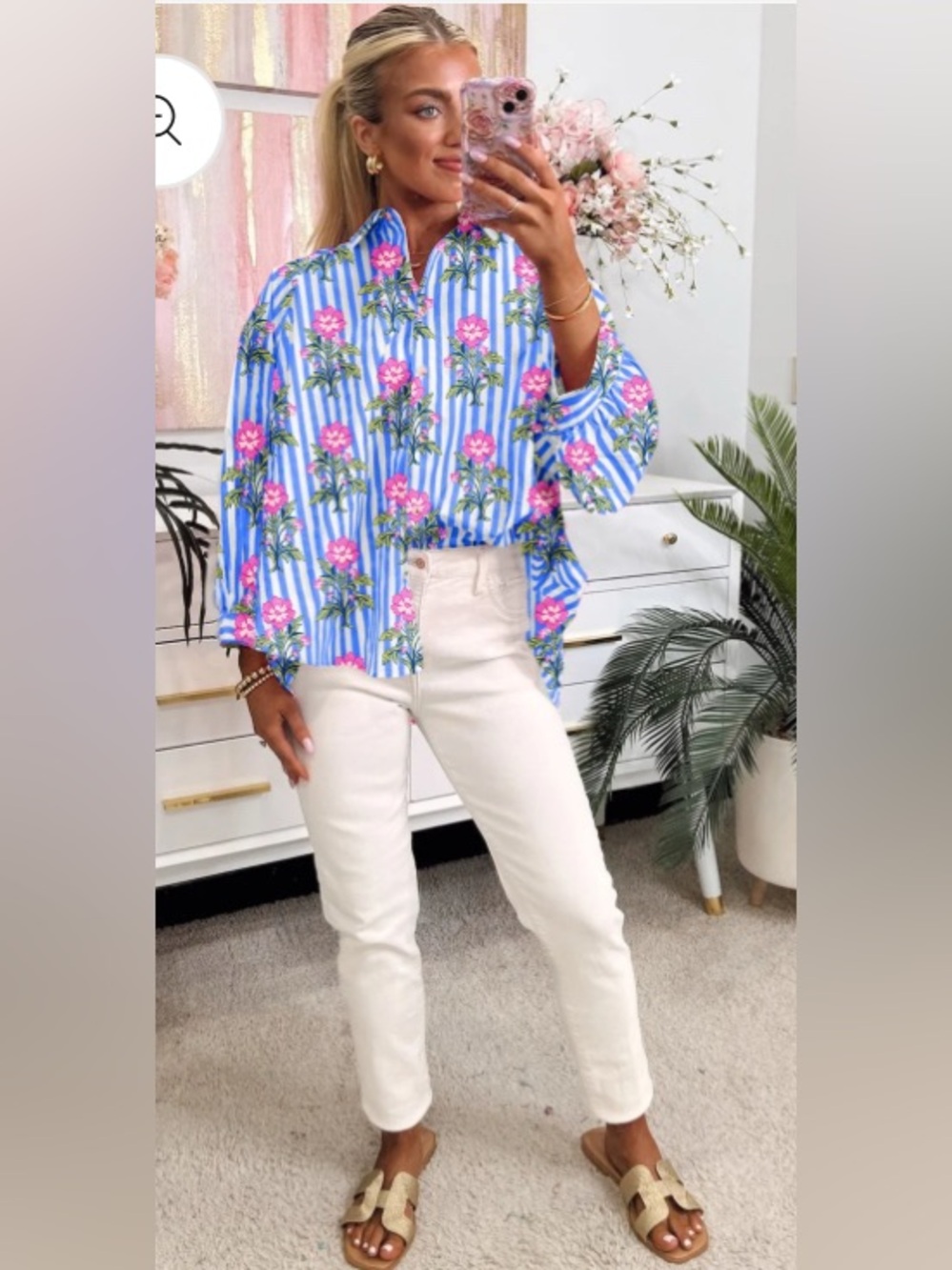Boutique brand NWT Blue & Pink Floral Striped Button-Up Blouse size medium